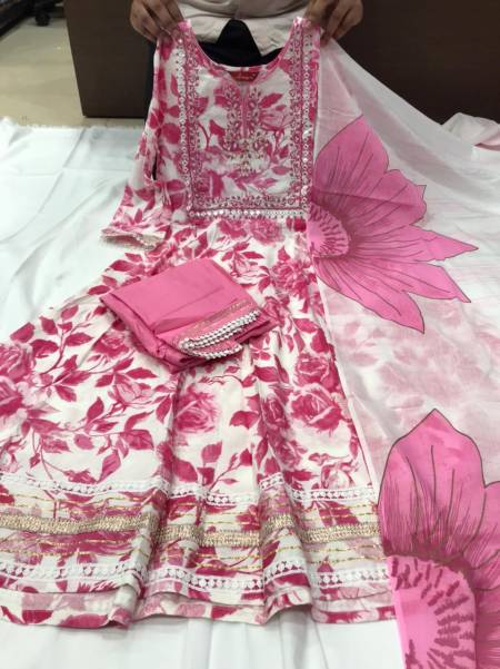 White Pink Floral Anarkali Kurti With Pant And Dupatta Sets Catalogue